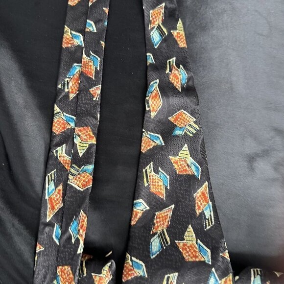 Vintage Damon Mens Black Necktie Blue and Orange Geometric Silk Made In Italy - Picture 8 of 16